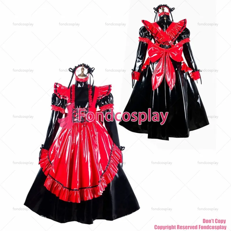 fondcosplay adult cross dressing sissy maid long black thin pvc dress lockable Uniform red apron costume CD/TV[G2176]