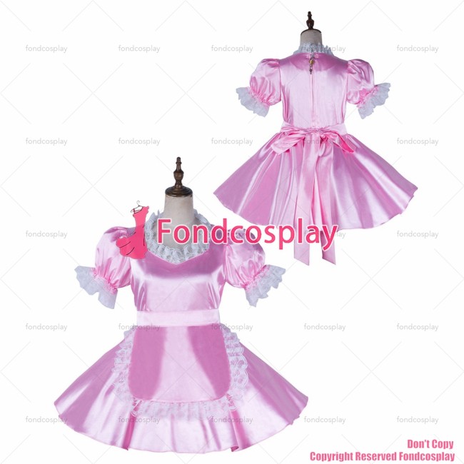 fondcosplay adult sexy cross dressing sissy maid short baby pink satin dress lockable Uniform apron costume CD/TV[G2167]