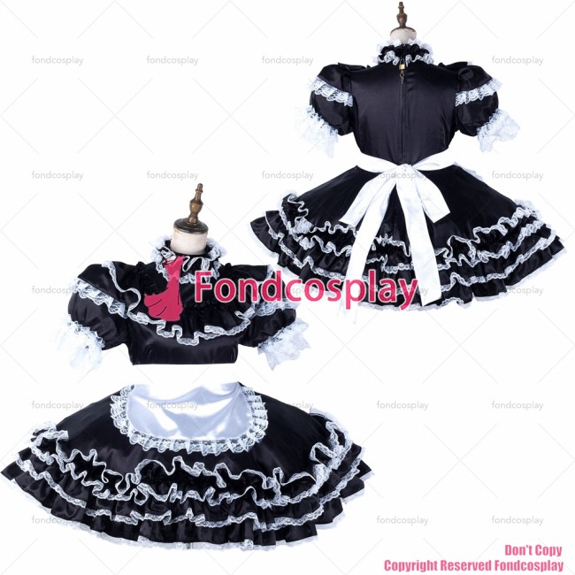 fondcosplay adult sexy cross dressing sissy maid short black satin dress lockable Uniform white apron costume CD/TV[G2123]