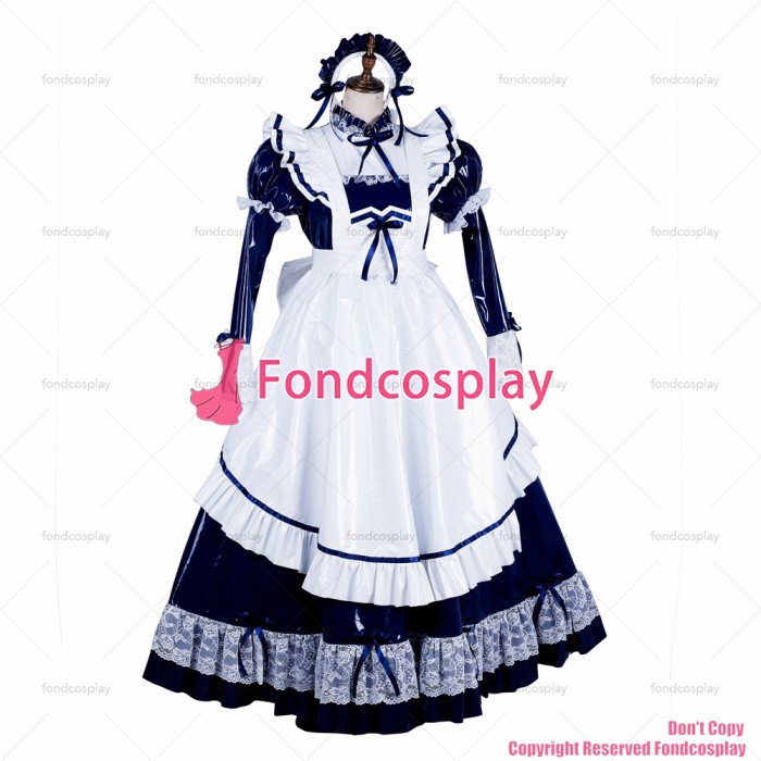 fondcosplay adult sexy cross dressing sissy maid long lockable black thin PVC vinyl dress Uniform white apron CD/TV[G1803]