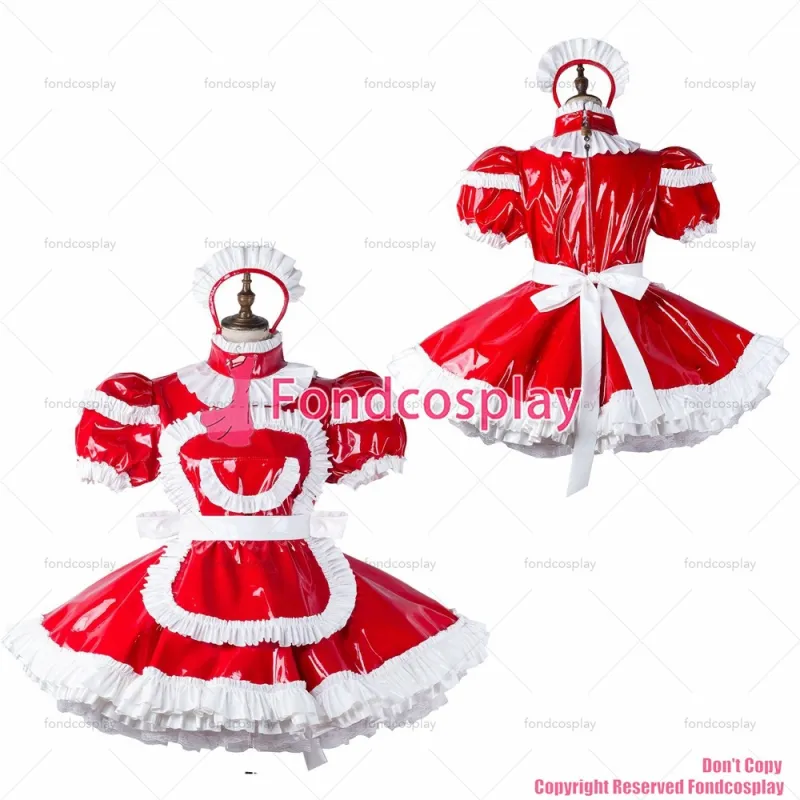 fondcosplay adult sexy cross dressing sissy maid short red heavy pvc dress lockable Uniform apron costume CD/TV[G2211]