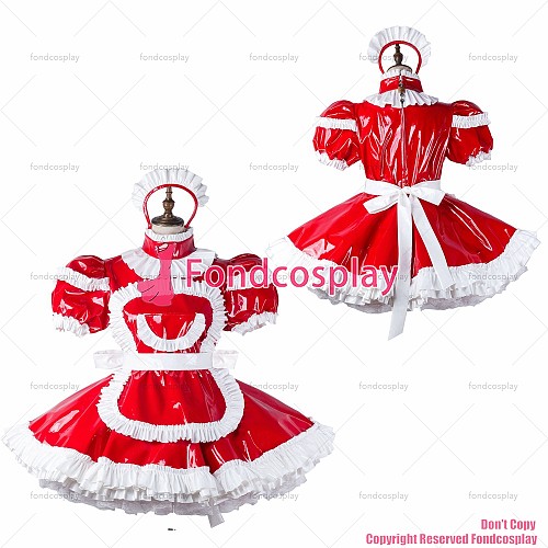 fondcosplay adult sexy cross dressing sissy maid short red heavy pvc dress lockable Uniform apron costume CD/TV[G2211]