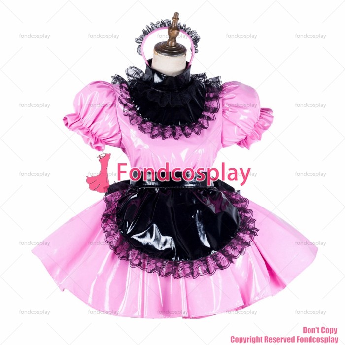 fondcosplay adult sexy cross dressing sissy maid short baby pink thin pvc dress lockable black apron Uniform CD/TV[G2042]