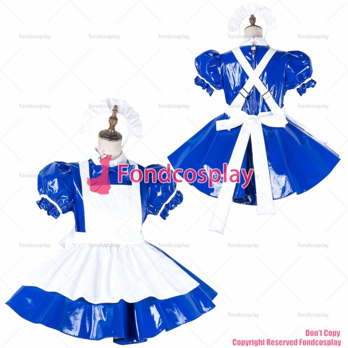 fondcosplay adult sexy cross dressing sissy maid blue heavy pvc dress lockable Uniform white apron costume CD/TV[G2140]