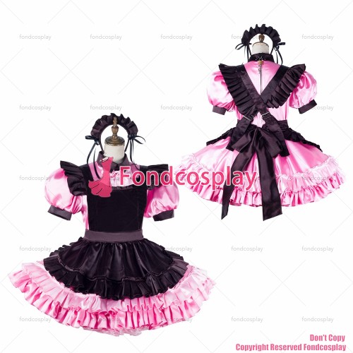 fondcosplay adult sexy cross dressing sissy maid baby pink satin dress lockable Uniform black apron costume CD/TV[G2195]