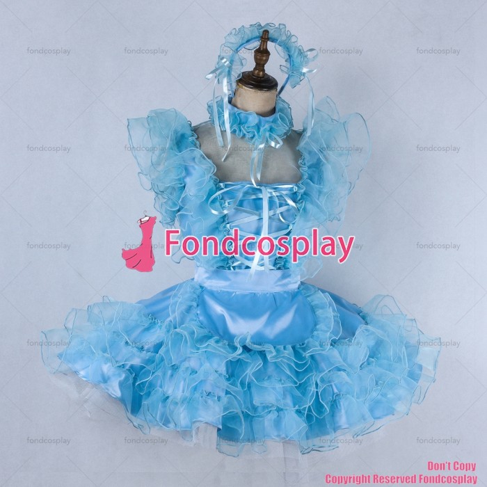 fondcosplay adult sexy cross dressing sissy maid short lockable blue Satin Organza dress Outfit apron CD/TV[G2021]