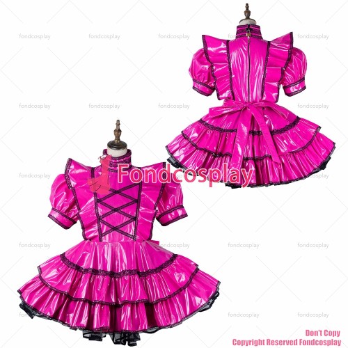 fondcosplay adult sexy cross dressing sissy maid short hot pink thin pvc dress lockable Uniform costume CD/TV[G2166]