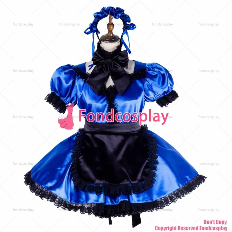 fondcosplay adult sexy cross dressing sissy maid short lockable blue Satin dress Uniform black apron costume CD/TV[G1999]