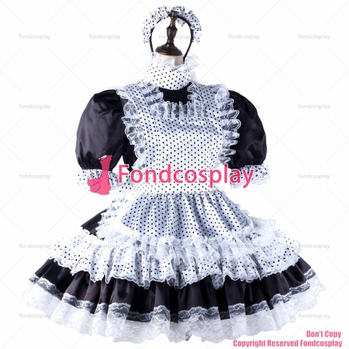 fondcosplay adult sexy cross dressing sissy maid black satin dress lockable Uniform white Dots apron costume CD/TV[G2216]
