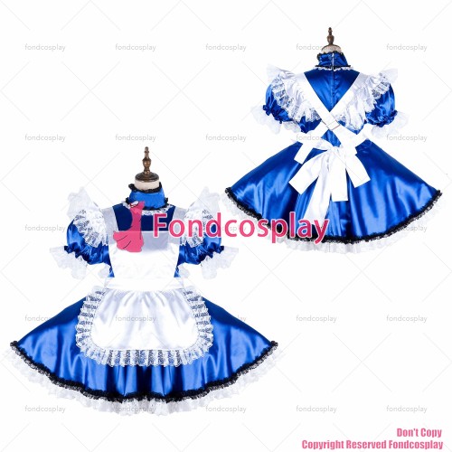 fondcosplay adult sexy cross dressing sissy maid short blue satin dress lockable Uniform white apron costume CD/TV[G2137]