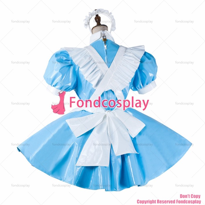 fondcosplay adult sexy cross dressing sissy maid short baby blue thin pvc dress lockable Uniform costume CD/TV[G2065]