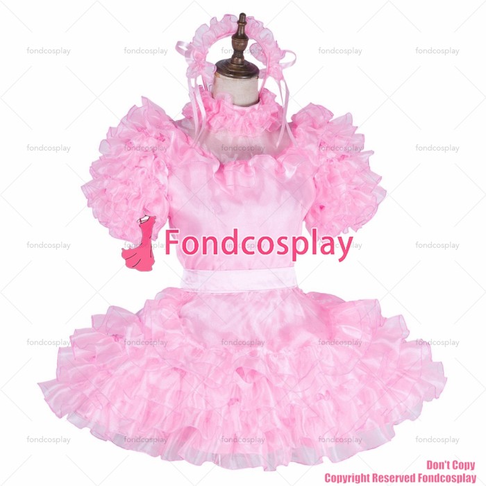 fondcosplay adult sexy cross dressing sissy maid short lockable baby pink satin Organza dress Uniform apron CD/TV[G1993]