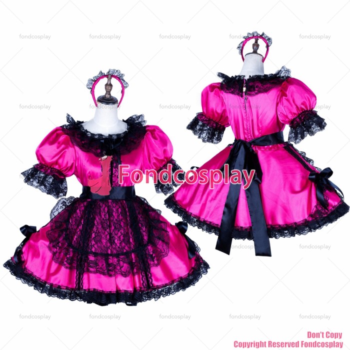 fondcosplay adult sexy cross dressing sissy maid lockable hot pink satin dress Uniform black apron costume CD/TV[G1766]