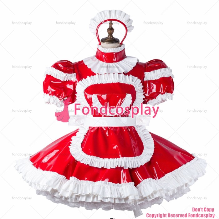 fondcosplay adult sexy cross dressing sissy maid short red heavy pvc dress lockable Uniform apron costume CD/TV[G2211]