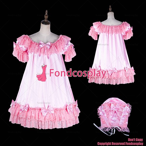 fondcosplay adult sexy cross dressing sissy maid short pink satin dress headpiece lockable Uniform costume CD/TV[G2054]