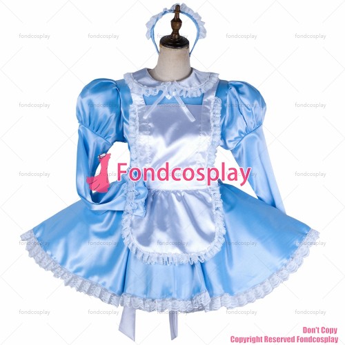 fondcosplay adult sexy cross dressing sissy maid baby blue satin dress lockable white apron Peter Pan collar CD/TV[G2037]