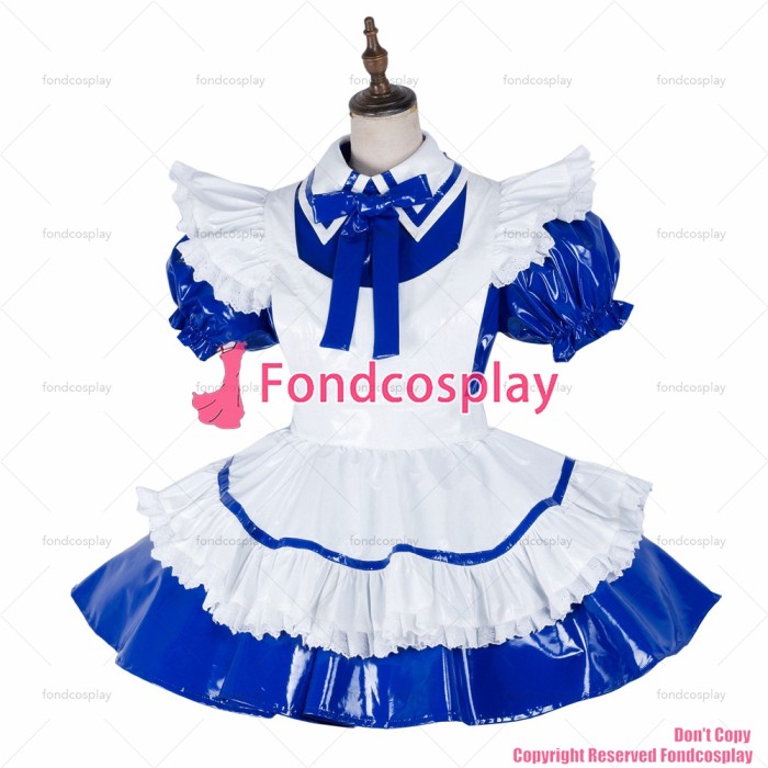 fondcosplay adult sexy cross dressing sissy maid lockable blue thin PVC dress vinyl Uniform white apron CD/TV[G1991]