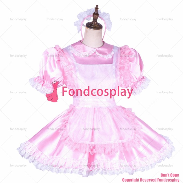 fondcosplay adult sexy cross dressing sissy maid short lockable baby pink satin organza dress Uniform apron CD/TV[G1765]