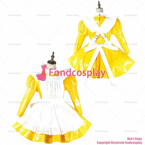 fondcosplay adult sexy cross dressing sissy maid yellow thin pvc dress lockable Uniform white apron costume CD/TV[G2144]