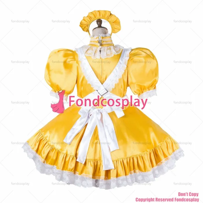 fondcosplay adult cross dressing sissy maid short yellow satin dress lockable Uniform white apron costume CD/TV[G2148]