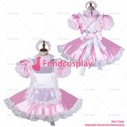 fondcosplay adult sexy cross dressing sissy maid baby pink satin dress lockable Uniform white apron costume CD/TV[G2146]