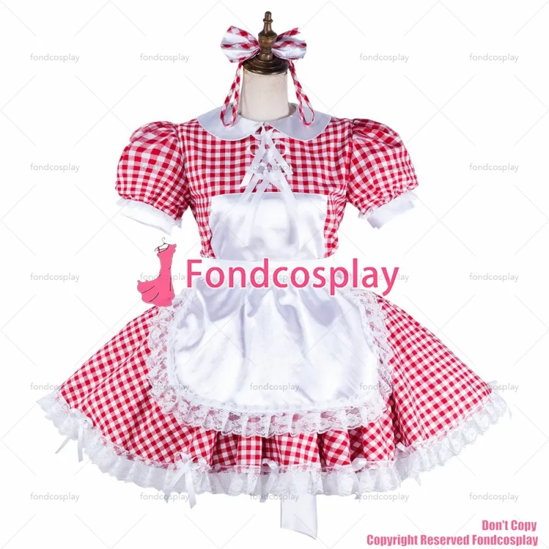 fondcosplay adult sexy cross dressing sissy maid short red cotton dress lockable Uniform white apron costume CD/TV[G2128]