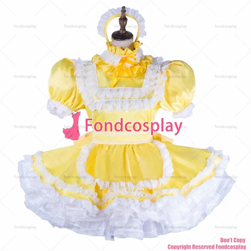 fondcosplay adult sexy cross dressing sissy maid baby yellow satin dress lockable Uniform apron costume CD/TV[G2053]