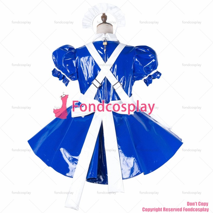 fondcosplay adult sexy cross dressing sissy maid blue heavy pvc dress lockable Uniform white apron costume CD/TV[G2140]