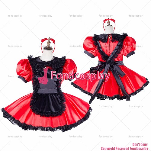 fondcosplay adult sexy cross dressing sissy maid short red satin dress lockable Uniform black apron costume CD/TV[G2047]