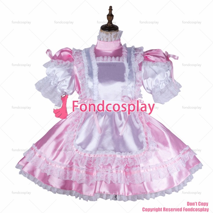fondcosplay adult sexy cross dressing sissy maid baby pink satin dress lockable Uniform white apron costume CD/TV[G2145]