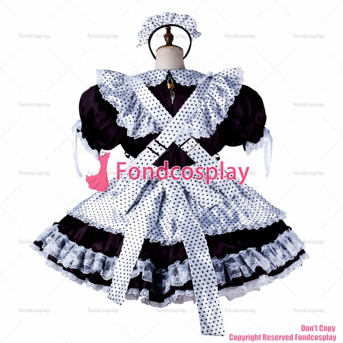 fondcosplay adult sexy cross dressing sissy maid black satin dress lockable Uniform white Dots apron costume CD/TV[G2204]