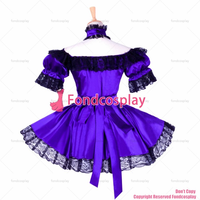 fondcosplay adult sexy cross dressing sissy maid short Purple satin lockable dress Uniform apron costume CD/TV[G1757]