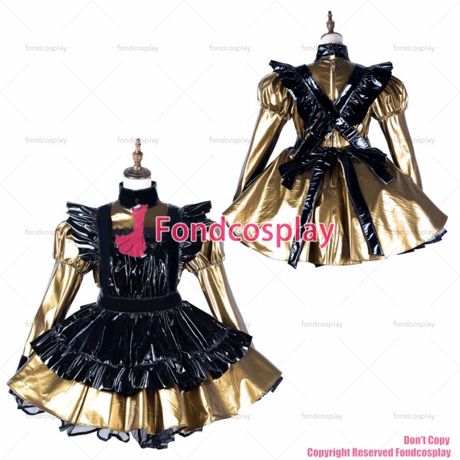 fondcosplay adult sexy cross dressing sissy maid gold thin pvc dress lockable Uniform black apron costume CD/TV[G2174]