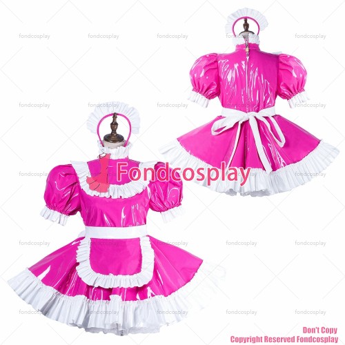 fondcosplay adult sexy cross dressing sissy maid short hot pink thin pvc dress lockable Uniform apron costume CD/TV[G2185]