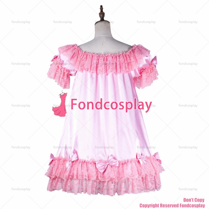 fondcosplay adult sexy cross dressing sissy maid short pink satin dress headpiece lockable Uniform costume CD/TV[G2054]