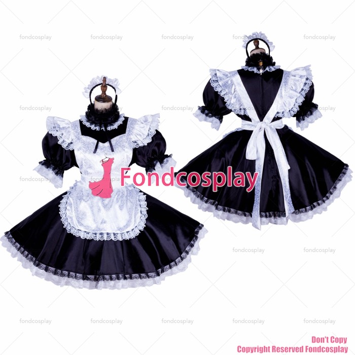fondcosplay adult sexy cross dressing sissy maid short lockable black satin dress white apron Uniform costume CD/TV[G1775]