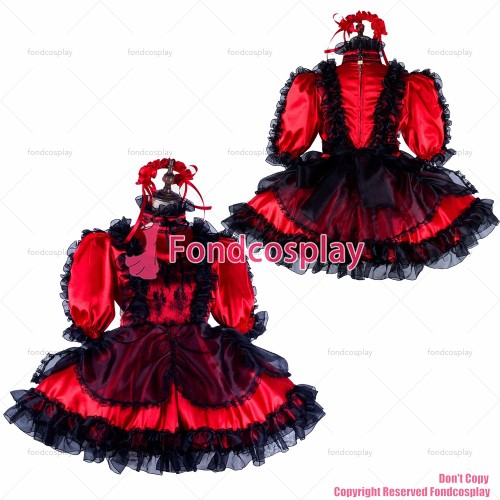 fondcosplay adult sexy cross dressing sissy maid short red satin dress black organza lockable Uniform costume CD/TV[G2131]