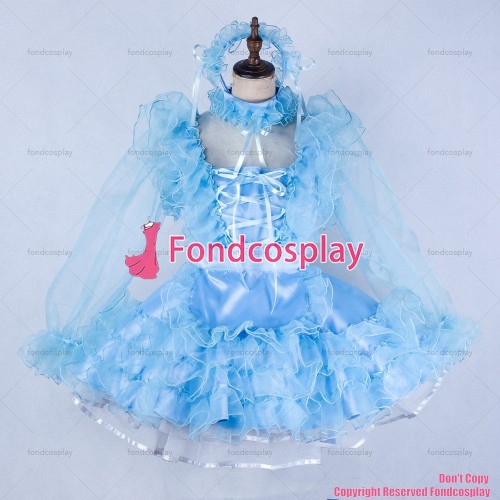 fondcosplay adult sexy cross dressing sissy maid short blue satin dress lockable organza Uniform costume CD/TV[G2044]