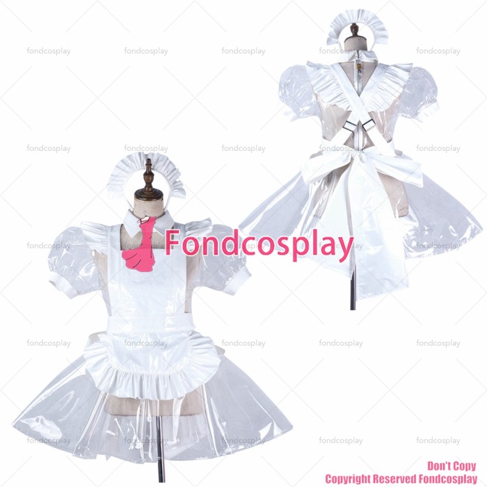 fondcosplay adult sexy cross dressing sissy maid short clear pvc dress lockable Uniform white apron costume CD/TV[G2191]