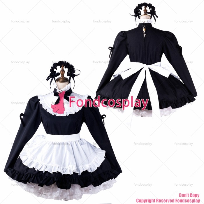 fondcosplay adult sexy cross dressing sissy maid black cotton dress lockable Uniform white apron costume CD/TV[G2203]
