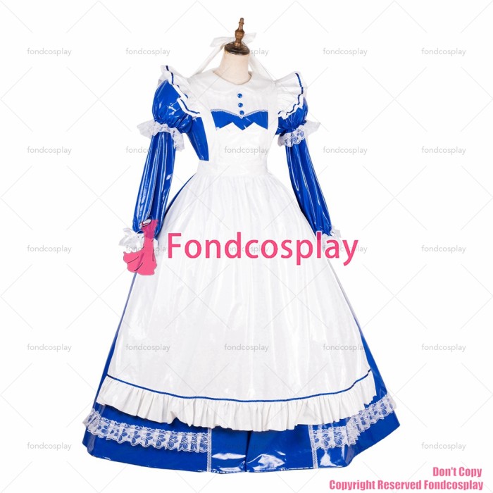 fondcosplay adult sexy cross dressing sissy maid long lockable blue thin PVC vinyl dress Uniform white apron CD/TV[G1785]