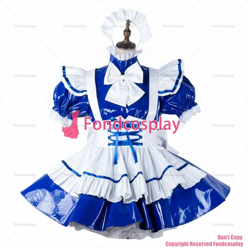 fondcosplay adult sexy cross dressing sissy maid blue heavy pvc dress lockable Uniform white apron costume CD/TV[G2209]