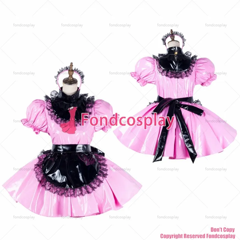fondcosplay adult sexy cross dressing sissy maid short baby pink thin pvc dress lockable black apron Uniform CD/TV[G2042]