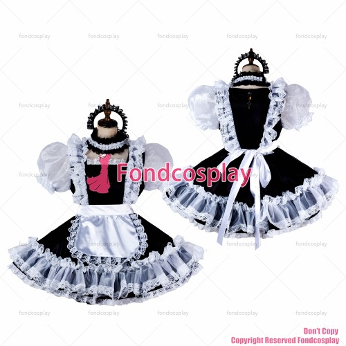 fondcosplay adult sexy cross dressing sissy maid short lockable black Satin Organza dress Uniform white apron CD/TV[G2007]