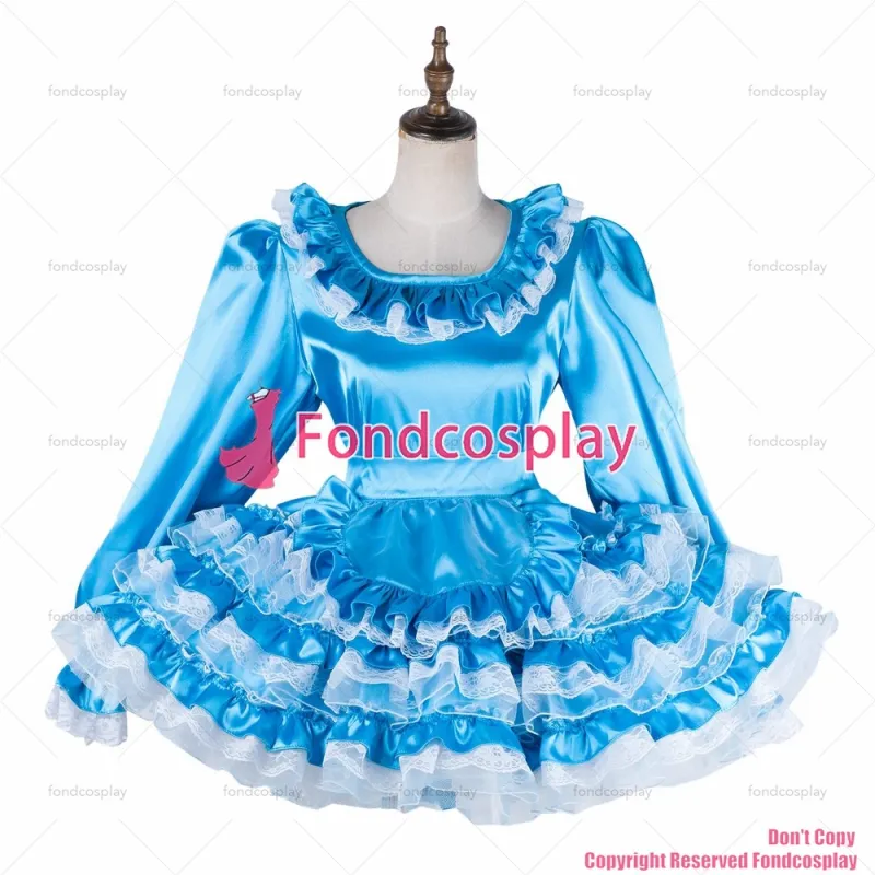 fondcosplay adult sexy cross dressing sissy maid short lockable blue Satin Organza dress Uniform apron CD/TV[G2016]