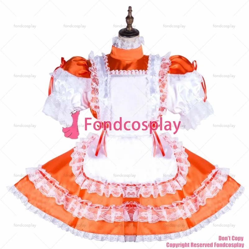 fondcosplay adult sexy cross dressing sissy maid short Orange satin dress lockable white apron Uniform CD/TV[G2038]