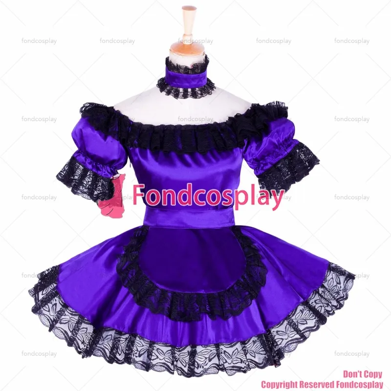 fondcosplay adult sexy cross dressing sissy maid short Purple satin lockable dress Uniform apron costume CD/TV[G1757]