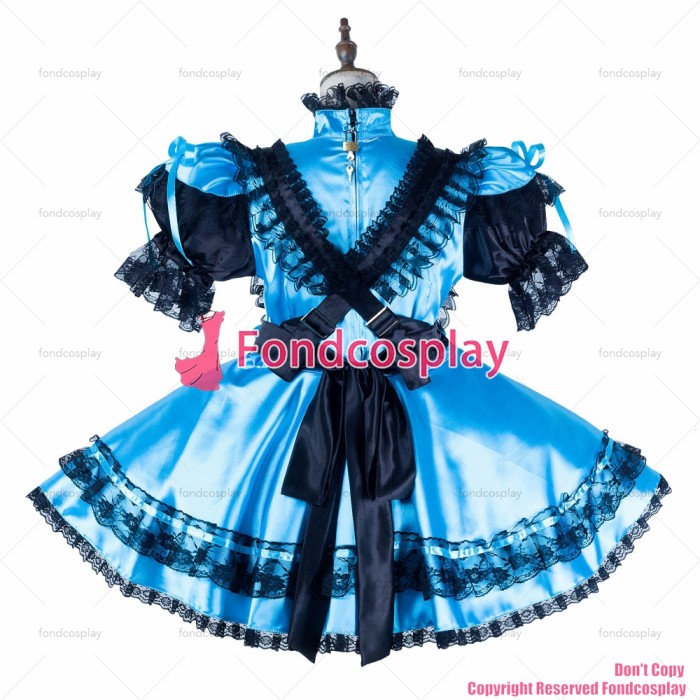 fondcosplay adult sexy cross dressing sissy maid short blue satin dress lockable black apron Uniform costume CD/TV[G2181]