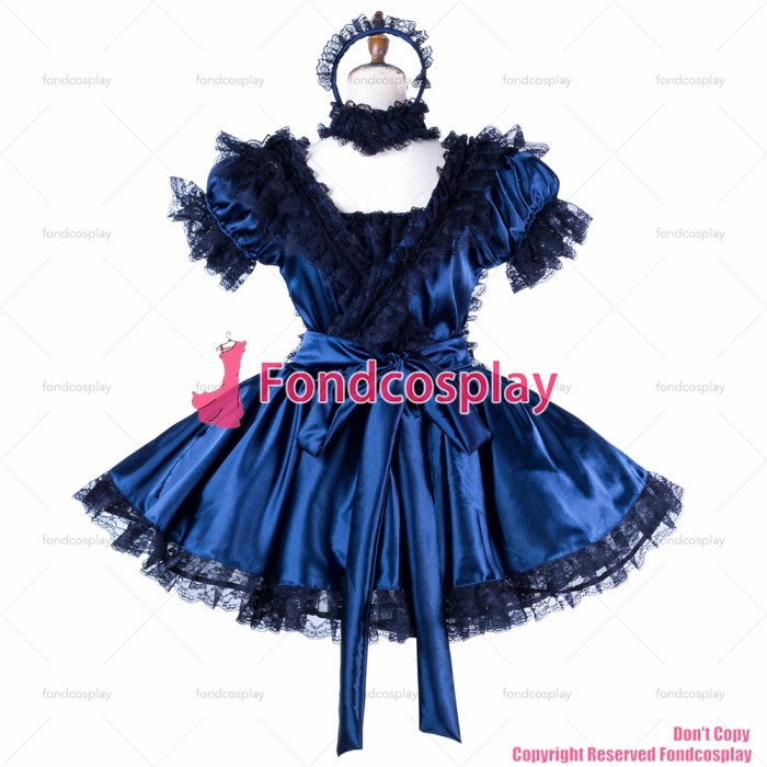 fondcosplay adult sexy cross dressing sissy maid short Navy Satin dress Uniform black apron costume CD/TV[G2006]