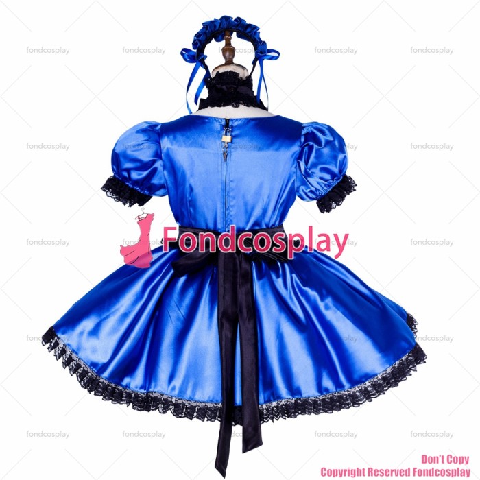 fondcosplay adult sexy cross dressing sissy maid short lockable blue Satin dress Uniform black apron costume CD/TV[G1999]
